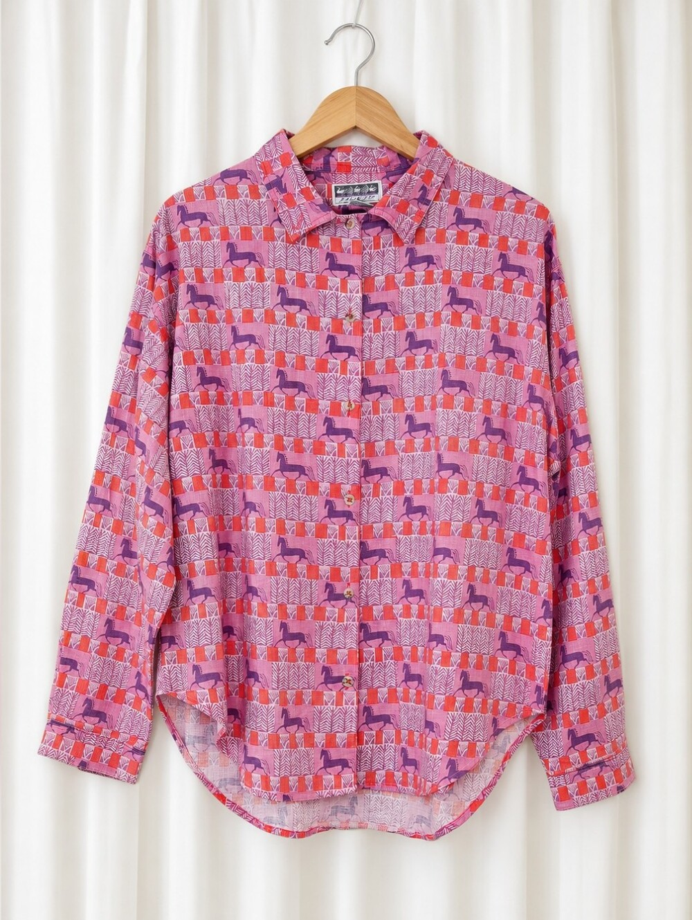 Vintage Segrets Pink Purple Geometric Patchwork Retro Horse Print Boho Blouse
